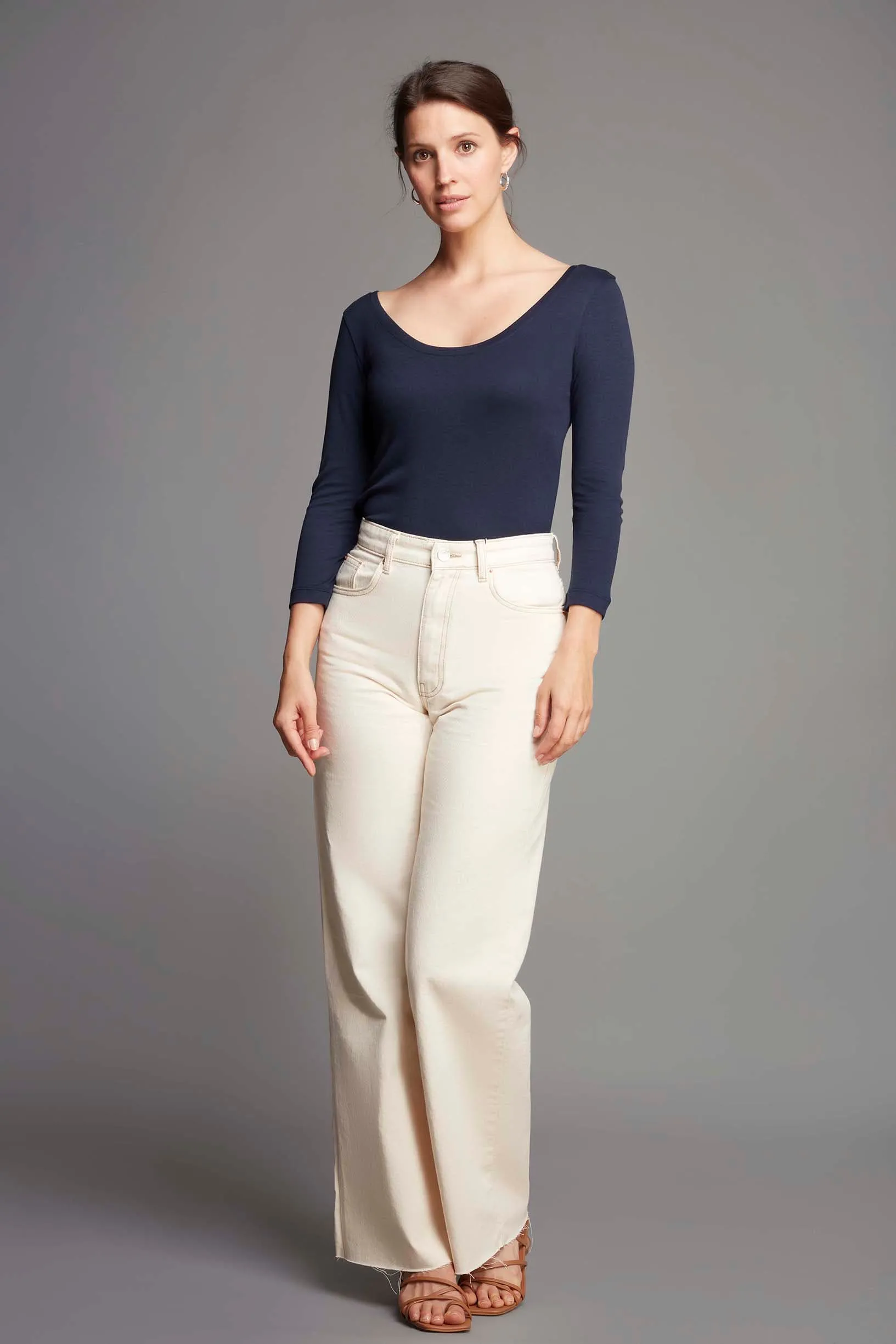 3/4 Sleeve Cotton Modal Boat Neck T-Shirt - Image 3