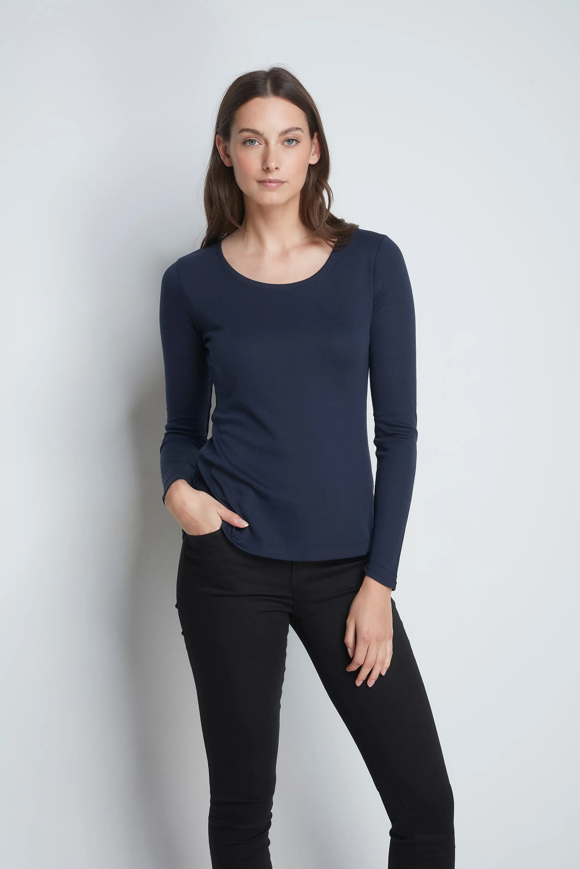 Long Sleeve Cotton Modal Scoop Neck T-Shirt - Image 3